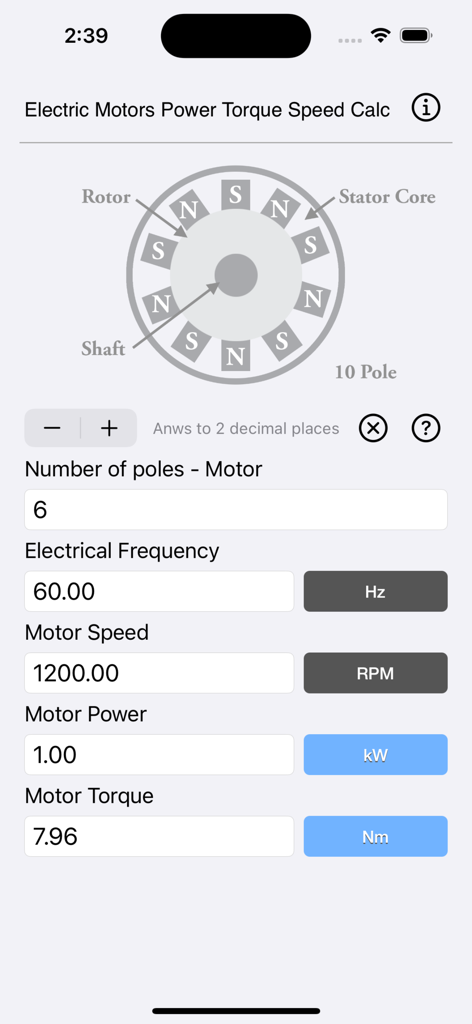 Benutzeroberfläche der App Electric Motors Speed Calc, die ein Motor-Diagramm und berechnete Werte für Geschwindigkeit, Leistung und Drehmoment zeigt