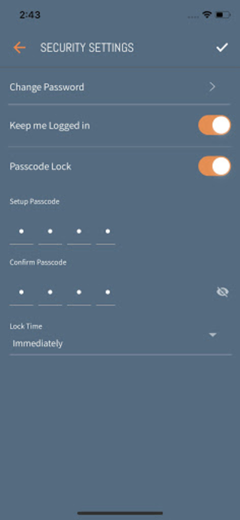 Pantalla de configuración de seguridad en la aplicación Sterling VDR que muestra opciones para la gestión de contraseñas y la configuración del bloqueo de código de acceso.