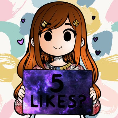 girl holding a sign that says 5 likes?