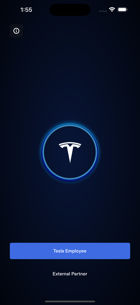 Tela de login para o aplicativo Tesla One mostrando opções de acesso para Funcionário Tesla e Parceiro Externo