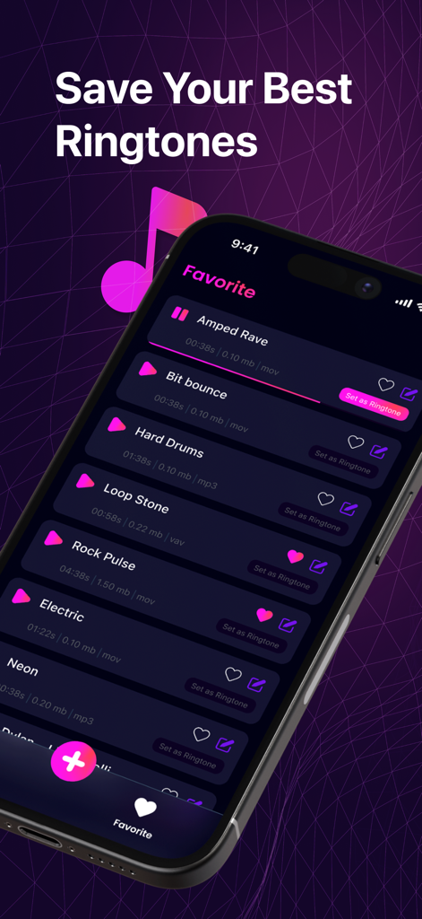 Pantalla de favoritos de la aplicación Melody Ringtones mostrando opciones de tonos de llamada personalizados y una interfaz de modo oscuro.