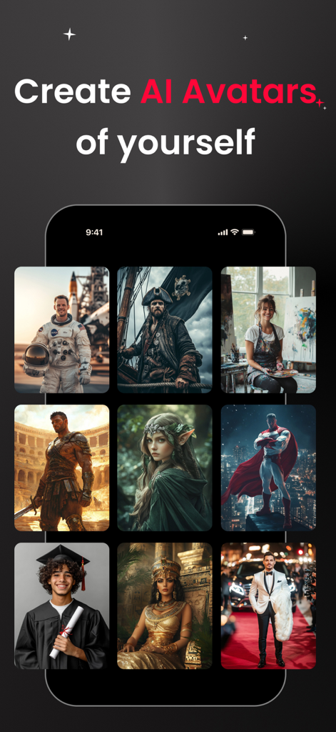 AI Photo Generator ⋅ Enhancery - A collection of AI generated avatars showing different character styles like astronaut pirate and superhero