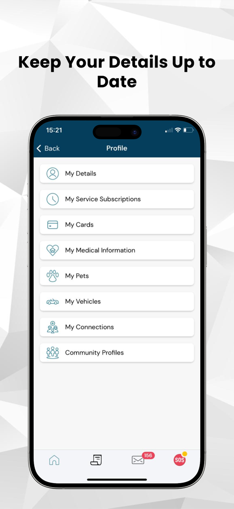 GLOCMS Community - Profile settings screen in the GLOCMS Community app for managing resident details, pets, and vehicles
