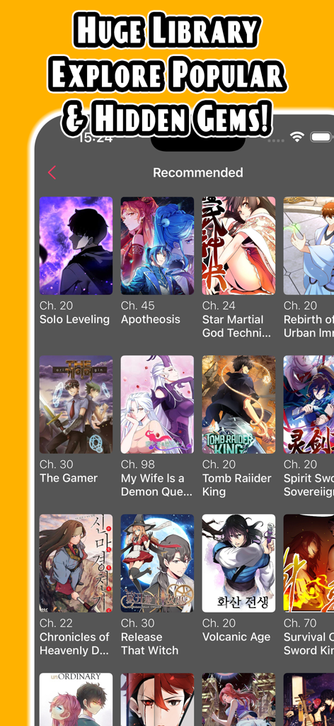 Manga Reader: Webcomic, Manhwa - App screen showing a library of popular manga and manhwa titles under a recommended section