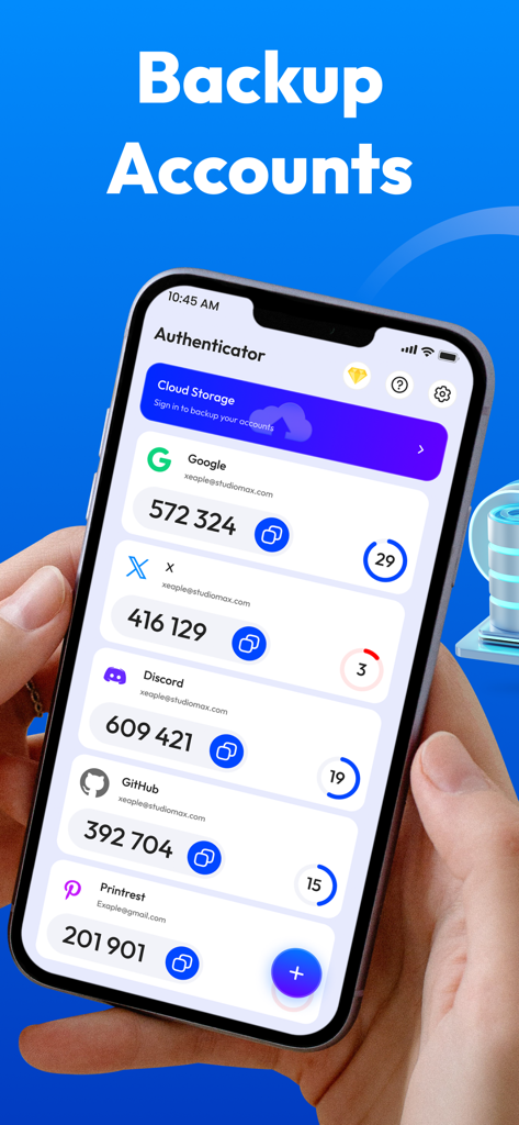Una persona sosteniendo un smartphone mostrando la interfaz de la App Authenticator con códigos 2FA para múltiples cuentas y una función de copia de seguridad.