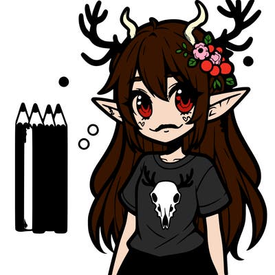 anime elf girl with dear antlers and tail wearing a tee shirt with a dear skull on it