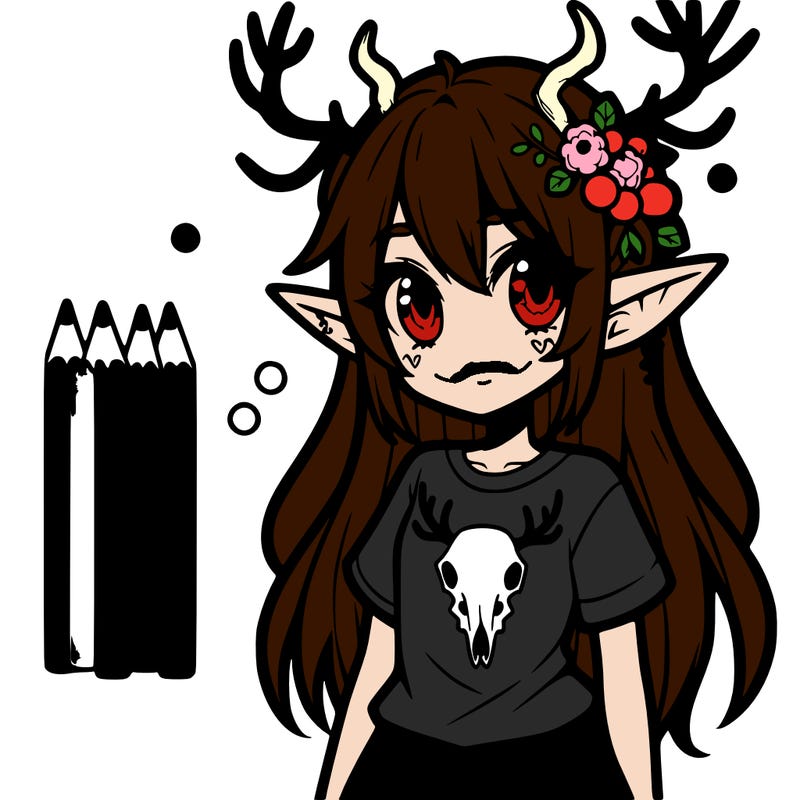anime elf girl with dear antlers and tail wearing a tee shirt with a dear skull on it