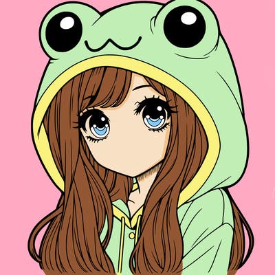 a pretty girl wearing a frog hoodie portrait with long hair
