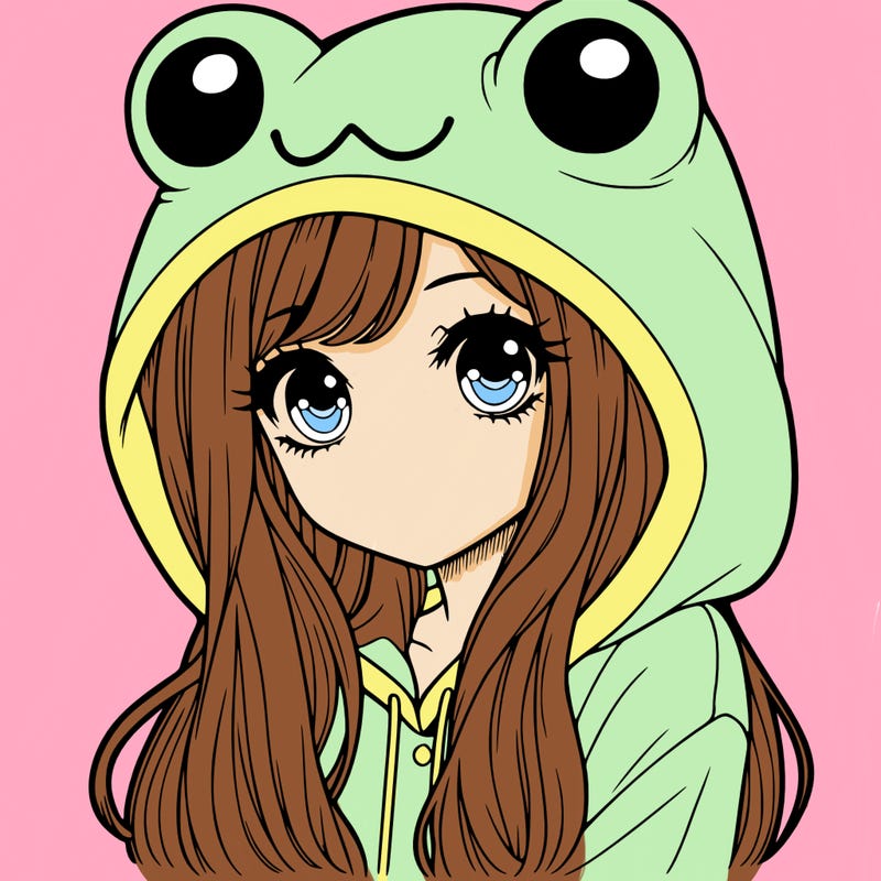 a pretty girl wearing a frog hoodie portrait with long hair