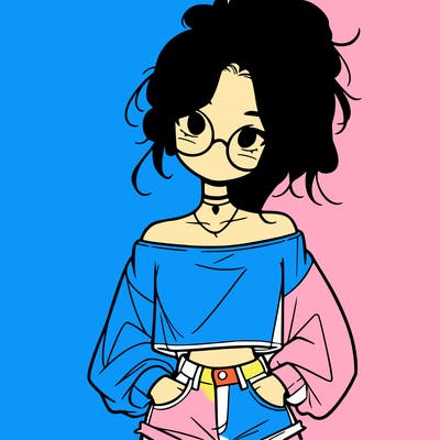 girl with a messy ponytail glasses a baggy crop top and jean shorts