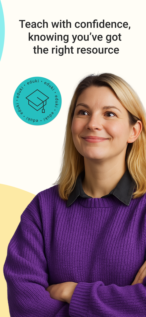 A smiling teacher looking hopeful with text saying Teach with confidence knowing you have the right resource