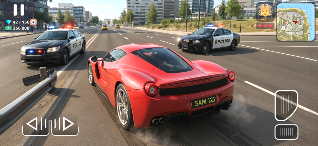 Police vs Gangster Crime City - A red sports car being pursued by two police cars on a city road