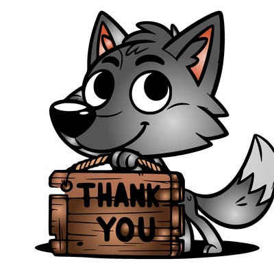 wolf with a sign saying “thank you”