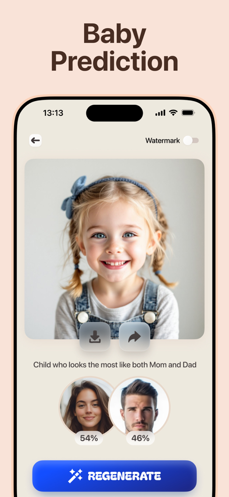 Future baby generator app showing a predicted child face from photos of both parents.
