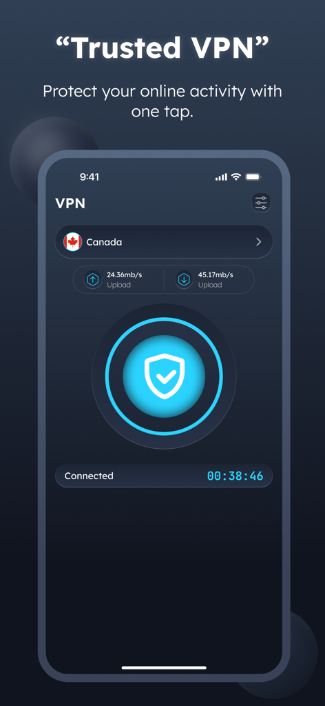 La interfaz de usuario de la aplicación Buck VPN que muestra una conexión exitosa a un servidor en Canadá con datos de velocidad en tiempo real