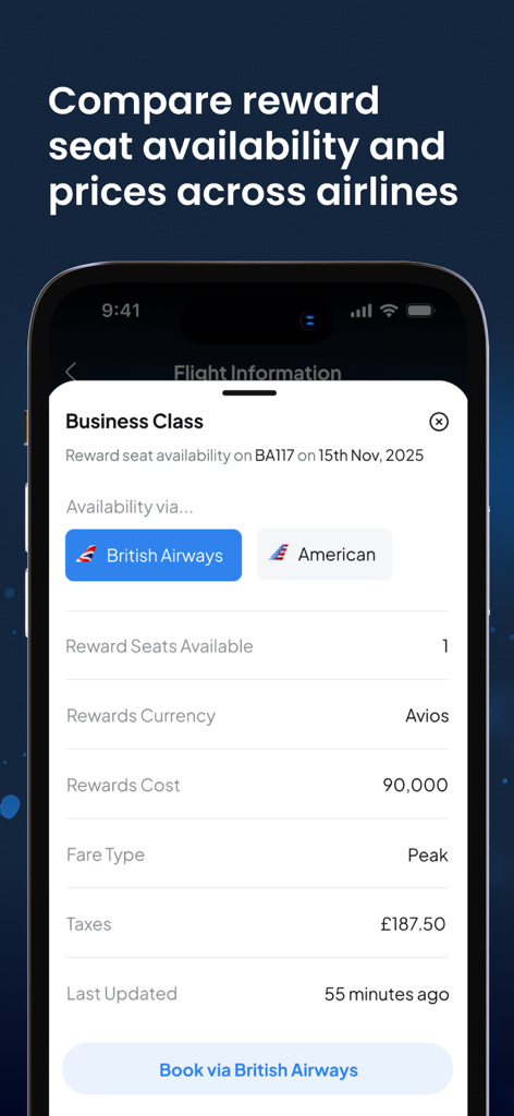 Planepoints app interface showing business class reward seat availability and Avios cost for a British Airways flight