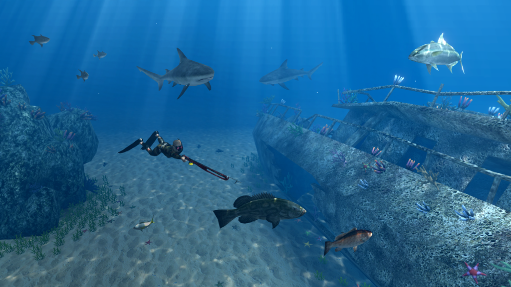 Un buzo cazando peces con un arpón cerca de un naufragio hundido con tiburones nadando cerca