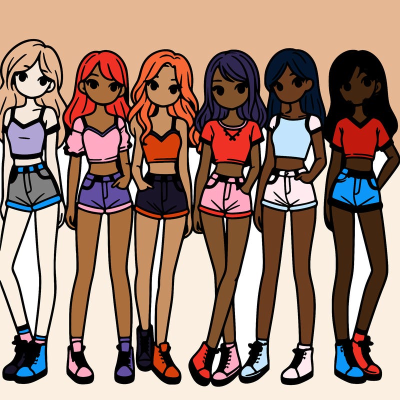 a group of girls wearing crop tops and shorts