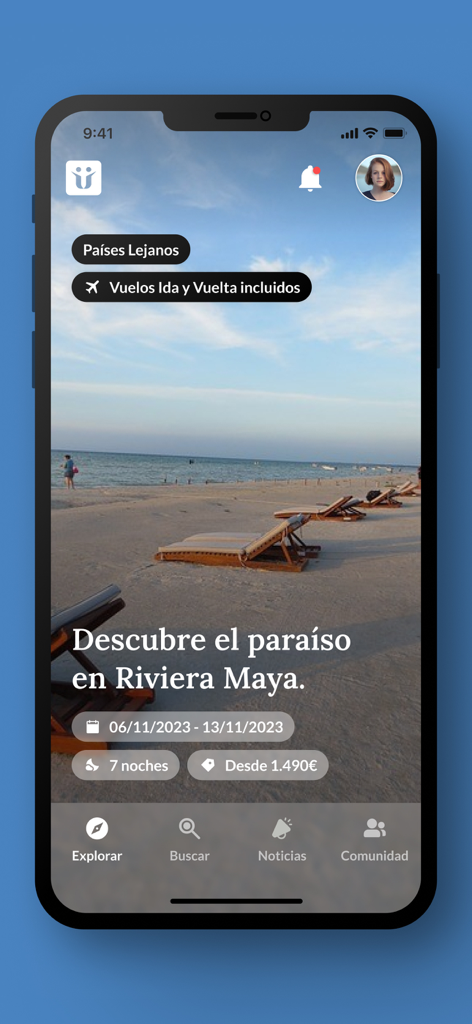 Uniite Travel app interface showing a solo group travel package to Riviera Maya on a beach background with trip pricing and duration