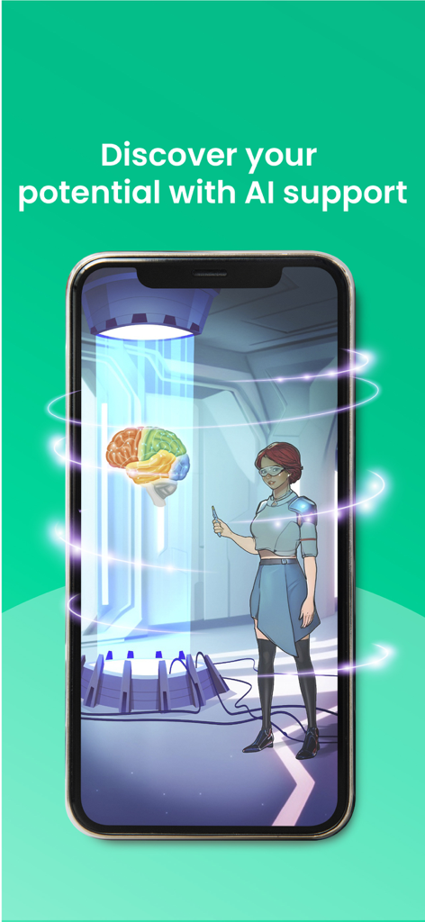 Lazy Guru: Career & Fun - Lazy Guru app screen displaying a futuristic character and holographic brain with text Discover your potential with AI support