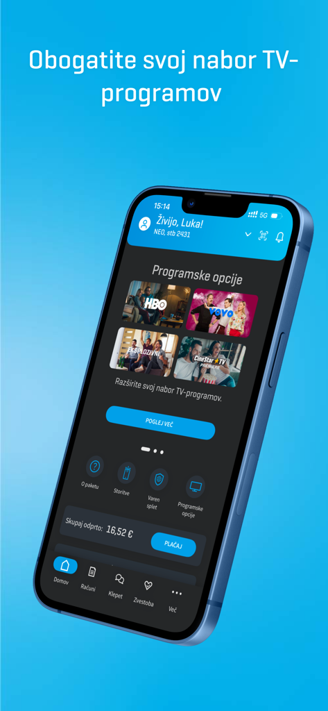 The Moj Telekom app interface displaying TV program options and bill payment details