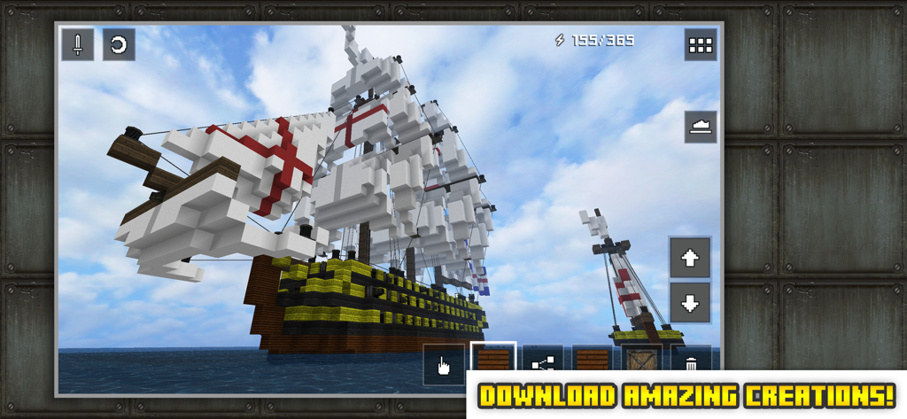 Block Fortress - A large voxel style sailing ship built with blocks in the Block Fortress game environment