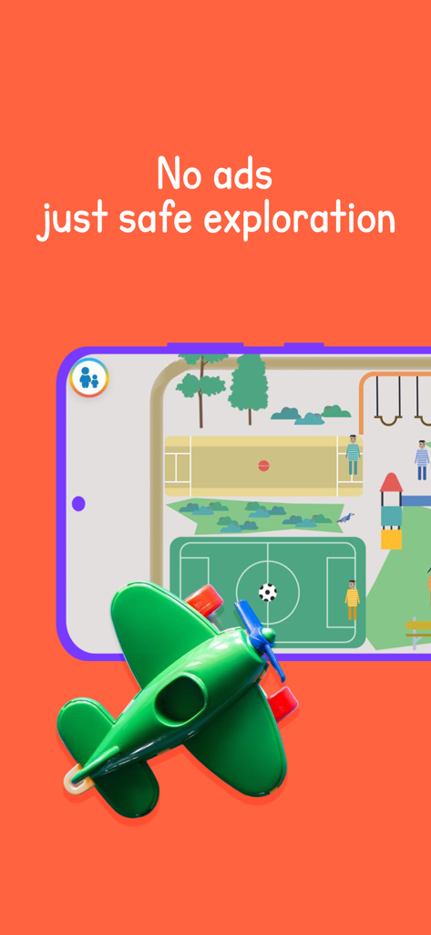 Turtlebee Montessori Preschool - Un smartphone que muestra la interfaz de la aplicación Montessori Turtlebee con un avión de juguete y un mensaje sobre exploración segura sin anuncios
