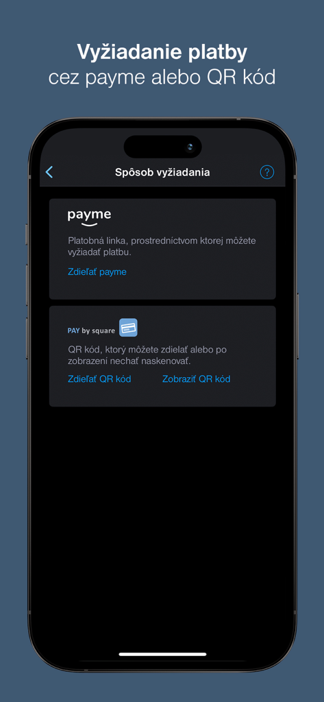 Tatra banka - Tatra banka mobile app screen showing options to request payment via payme link or QR code