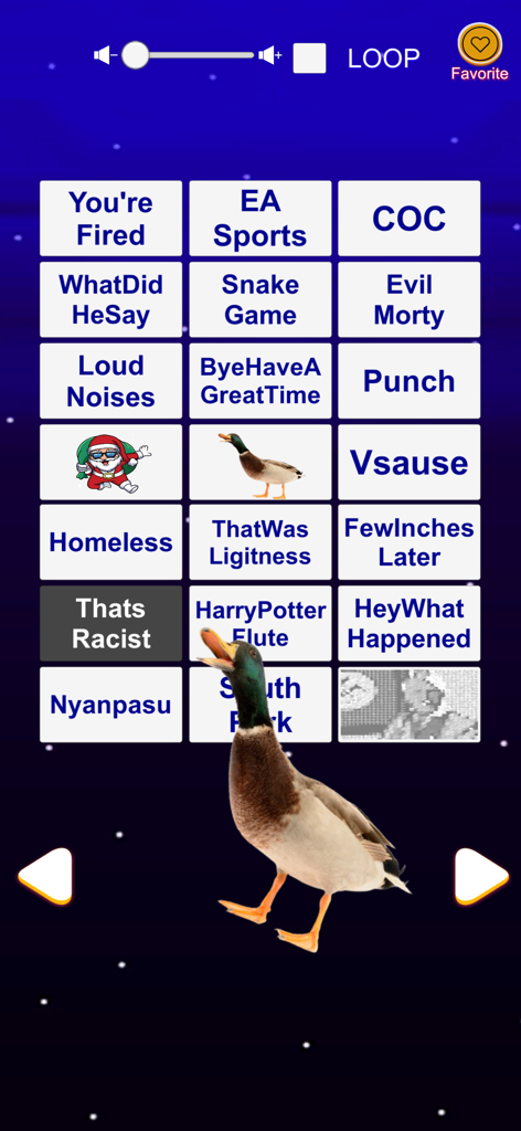 Interfaz de la aplicación Caja de Sonidos de Efectos de Memes con una cuadrícula de botones para efectos de sonido populares de internet como EA Sports y Evil Morty.