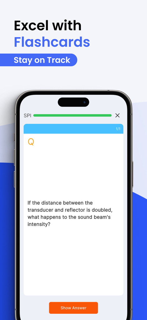 Prepry - ARDMS & CCI Exam Prep - Prepry app screenshot showing an ultrasound physics flashcard for the SPI exam