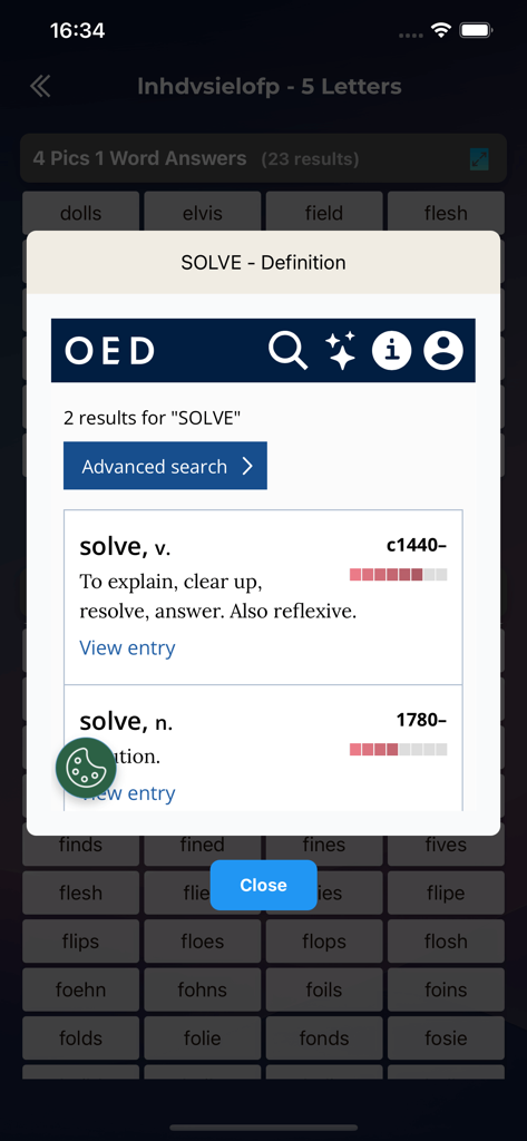 4 Pics 1 Word Answers Help - Ein Wörterbuchdefinitions-Popup für das Wort 'lösen' in der App 4 Pics 1 Word Antworten Hilfe