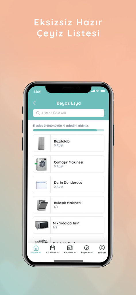 Çeyiz Listem - Mobile app interface for tracking wedding home appliances and white goods