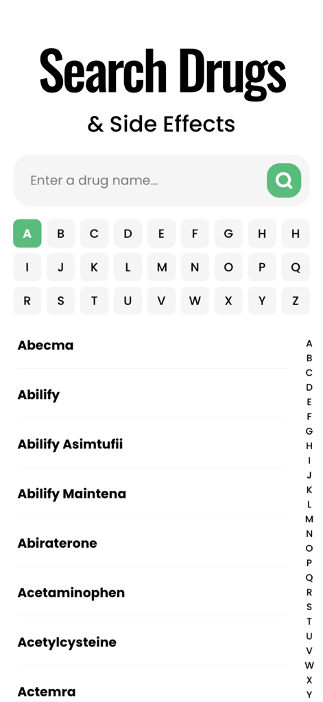 Interface de aplicativo móvel para pesquisar medicamentos e efeitos colaterais com uma lista alfabética de medicamentos.