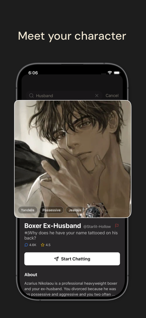 Mobile screen showing an AI character profile named Boxer Ex Husband in the DigitalSoul app