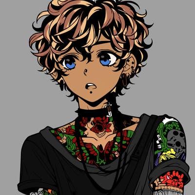 teen anime boy with curly hair  goth shirt lots of tattos and piercings
