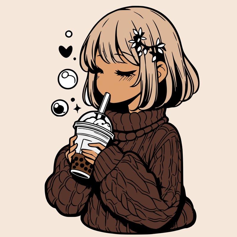 manga girl drinking boba in cozy sweater