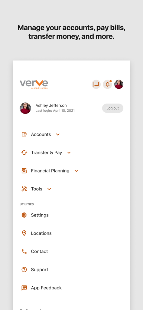 Verve Mobile - Verve Mobile app dashboard with account and payment navigation options