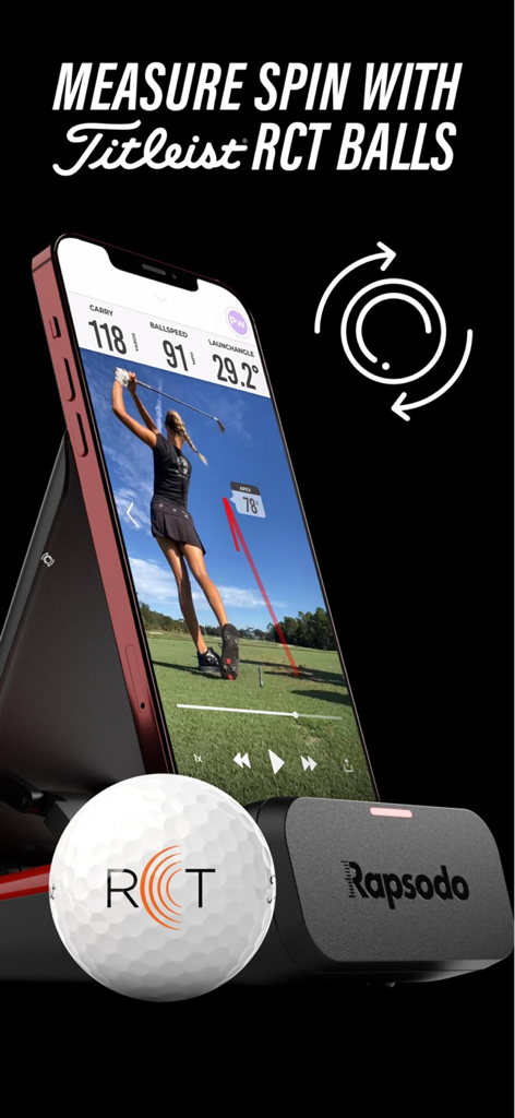 Aplicativo móvel Rapsodo MLM rastreando métricas de golfe e o spin da bola com uma bola de golfe Titleist RCT.