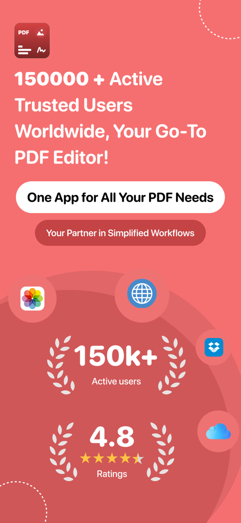 PDF Editor : Document Reader - Promotional screen for PDF Editor app showing 150000 active users and a 4.8 star rating