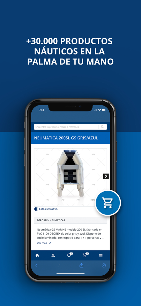 Aplicación móvil Imnasa que muestra una página de producto náutico para un bote inflable con funciones de búsqueda y compra