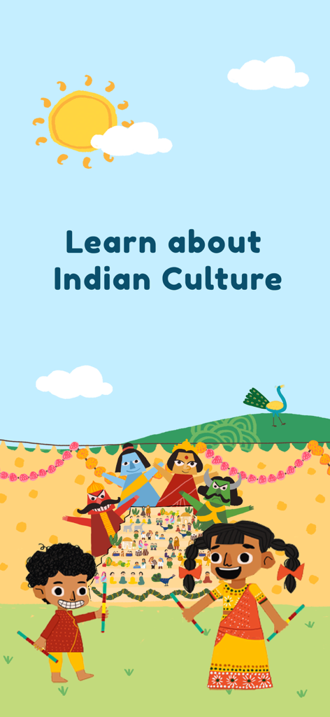 Kutuki: Kids Learning App - Ilustración de dibujos animados de niños con ropa tradicional con el texto Aprende sobre la cultura india.