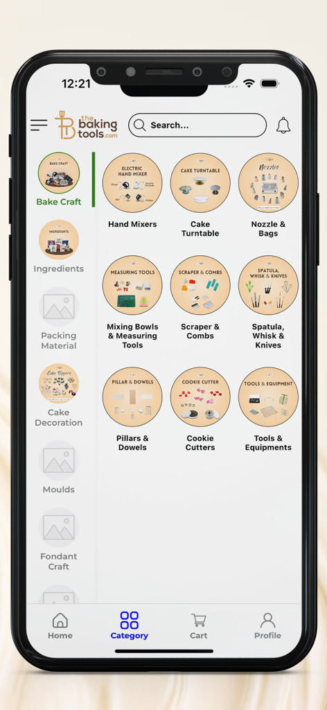 The Baking Tools - Mobile app screen showing baking categories including hand mixers cake turntables and cookie cutters