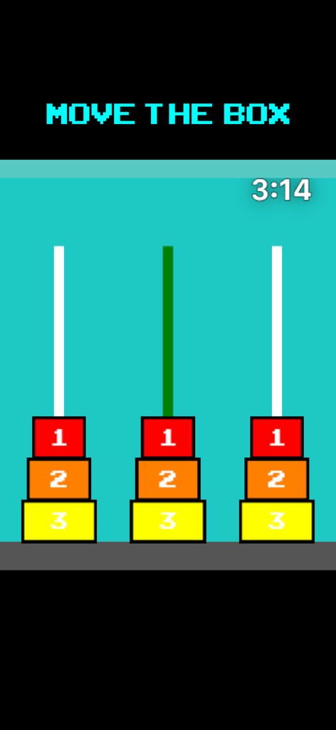 6 Classic Arcade Watch Games - Screenshot of the Move The Box arcade game showing numbered colored blocks stacked on rods