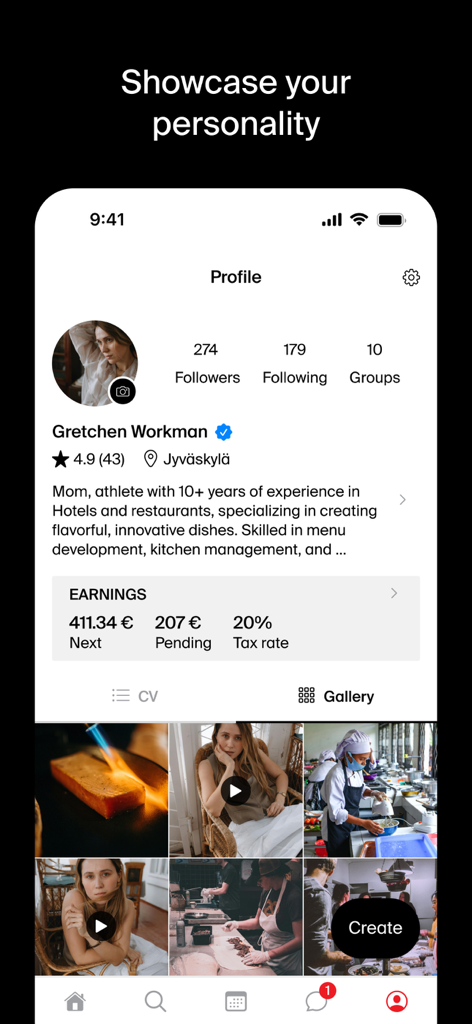 Treamer - Treamer mobile app profile screen showing a user biography and a gallery of professional work photos.