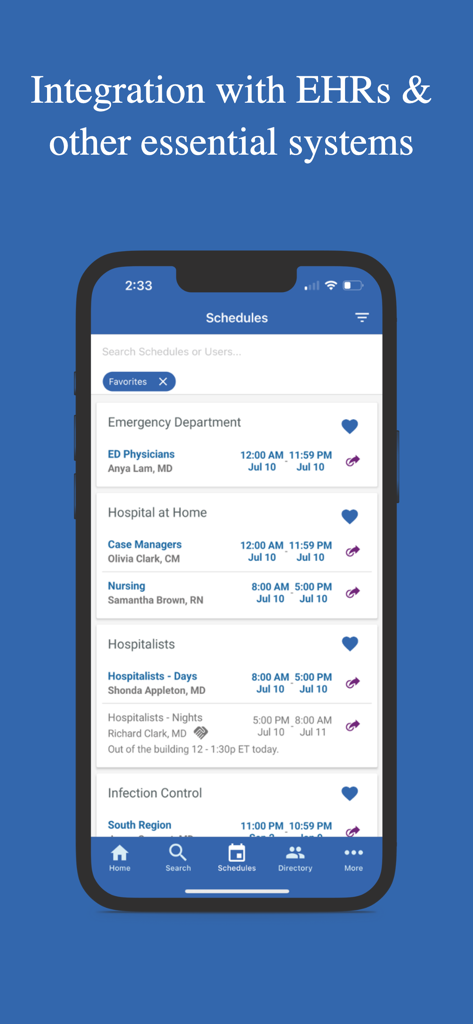Backline+ - Backline plus app interface showing hospital staff schedules and clinician shifts