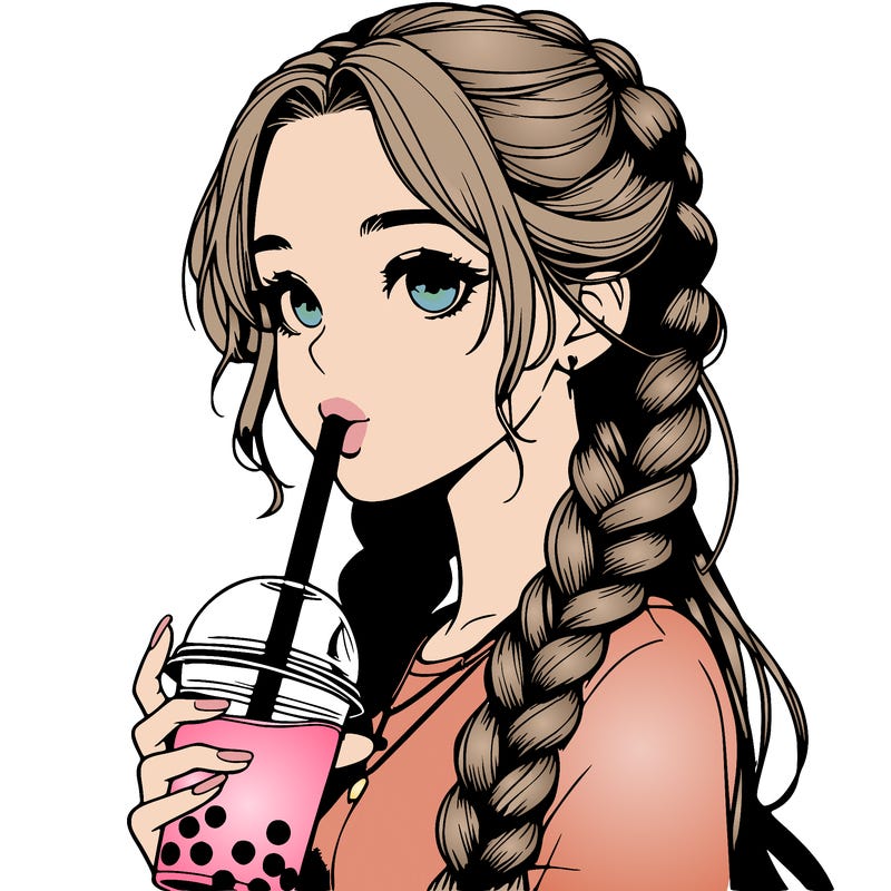 realistic girl with braided hair drinking boba