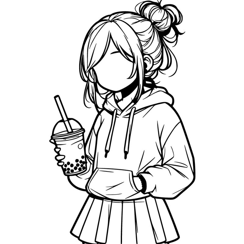 a realisic girl wearing a hoodie with a skirt with a messy bun drinking boba