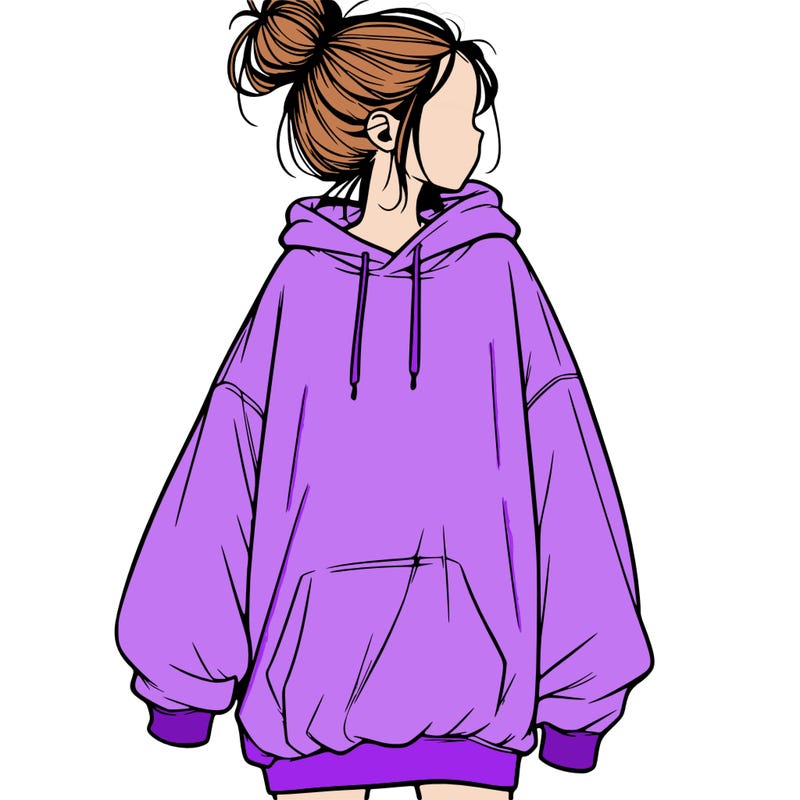 realistic girl with a oversized sweatshirt on and a bun