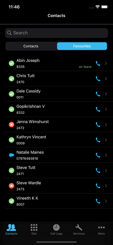 Unity-Mobile - Unity-Mobile app contacts screen displaying business directory and user presence status in dark mode