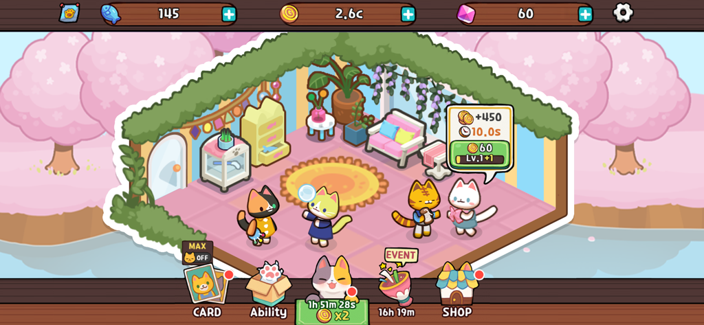 Kitty Cat Tycoon - Cute cartoon cats interacting in a decorated furniture craft room with a cherry blossom background.